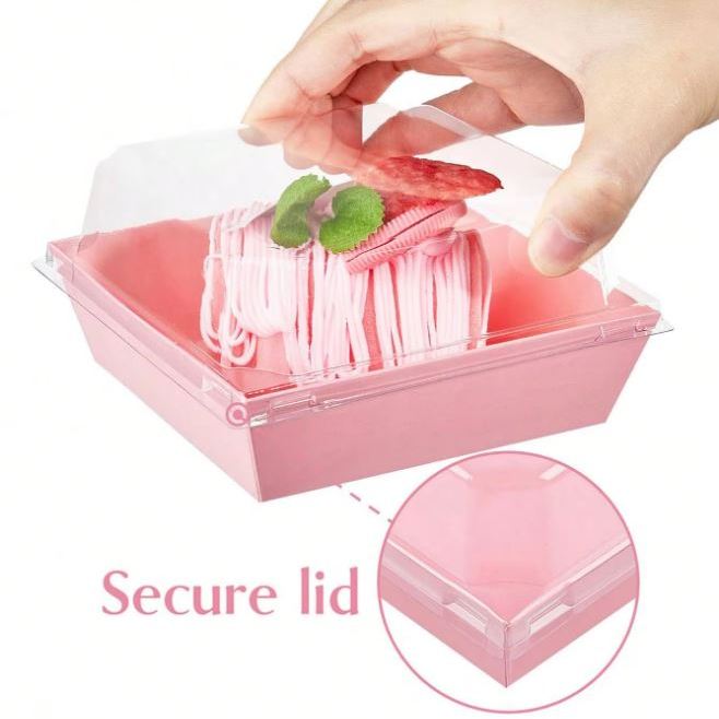 Pudełko na desery z przezroczystą kopułką, 12×11×6,5 cm, różowe, laminowany karton, 10 szt.