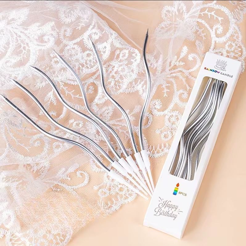 Zakręcone świeczki urodzinowe, srebrne, 11 cm – 6 szt.