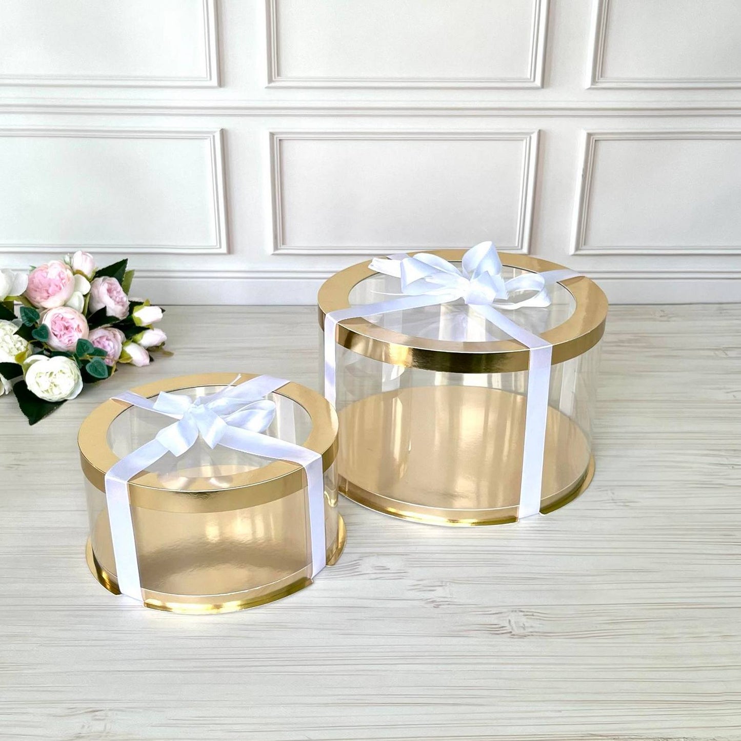 Przezroczyste okrągłe pudełko na tort 20x10 cm – Złoto, z okienkiem