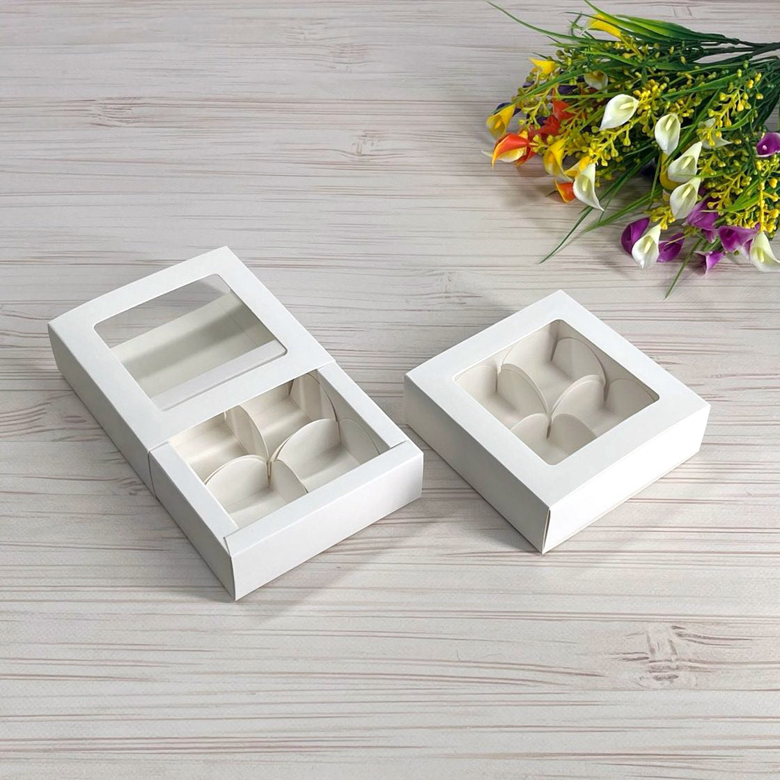 Pudełko na 4 pralinki, z okienkiem, białe, 112x112x30 mm, 5 szt.