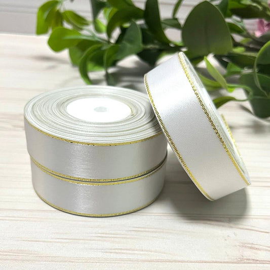 Wstążka satynowa z lureksem 2,5 cm Biały+Złoty, rolka 33 m