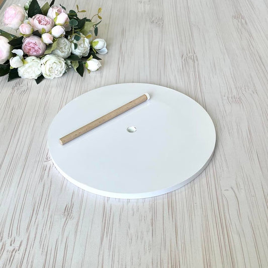 Zestaw: Podstawa 30 cm do tortów piętrowych (biała, H10 mm, otwór 12 mm) + Oś centralna do tortów