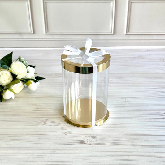 Przezroczyste okrągłe pudełko na tort 12x17 cm – Złoto, z okienkiem