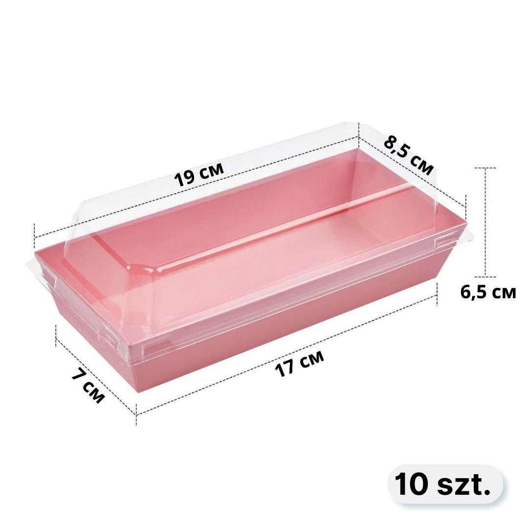Pudełko na desery z przezroczystą kopułką, 17×7×6,5 cm, różowe, laminowany karton, 10 szt.