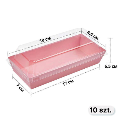 Pudełko na desery z przezroczystą kopułką, 17×7×6,5 cm, różowe, laminowany karton, 10 szt.