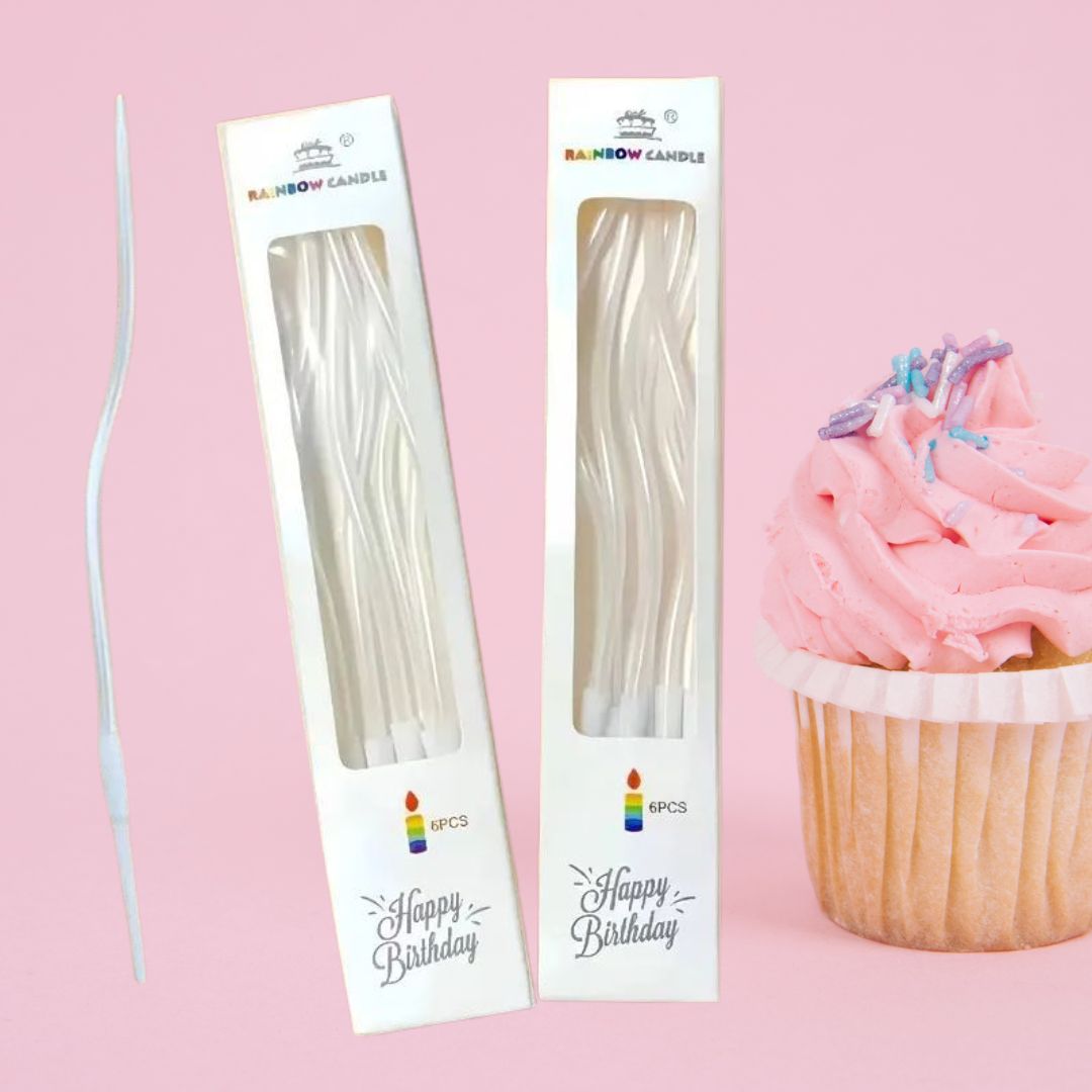 Zakręcone świeczki urodzinowe, biała perła, 11 cm - 6 szt.