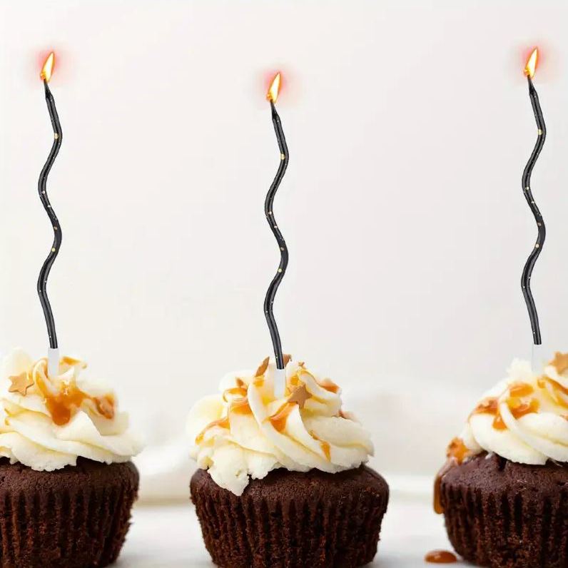 Zakręcone świeczki urodzinowe, Czerń ze złotem, 11 cm - 6 szt.