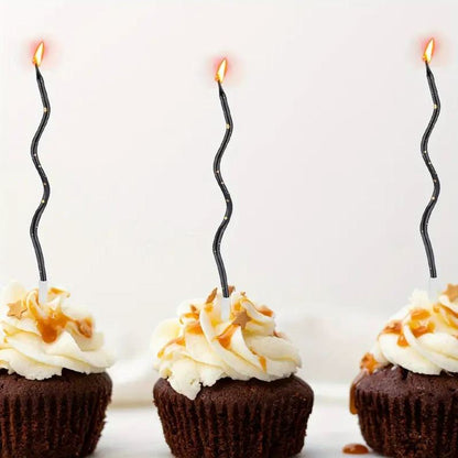 Zakręcone świeczki urodzinowe, Czerń ze złotem, 11 cm - 6 szt.