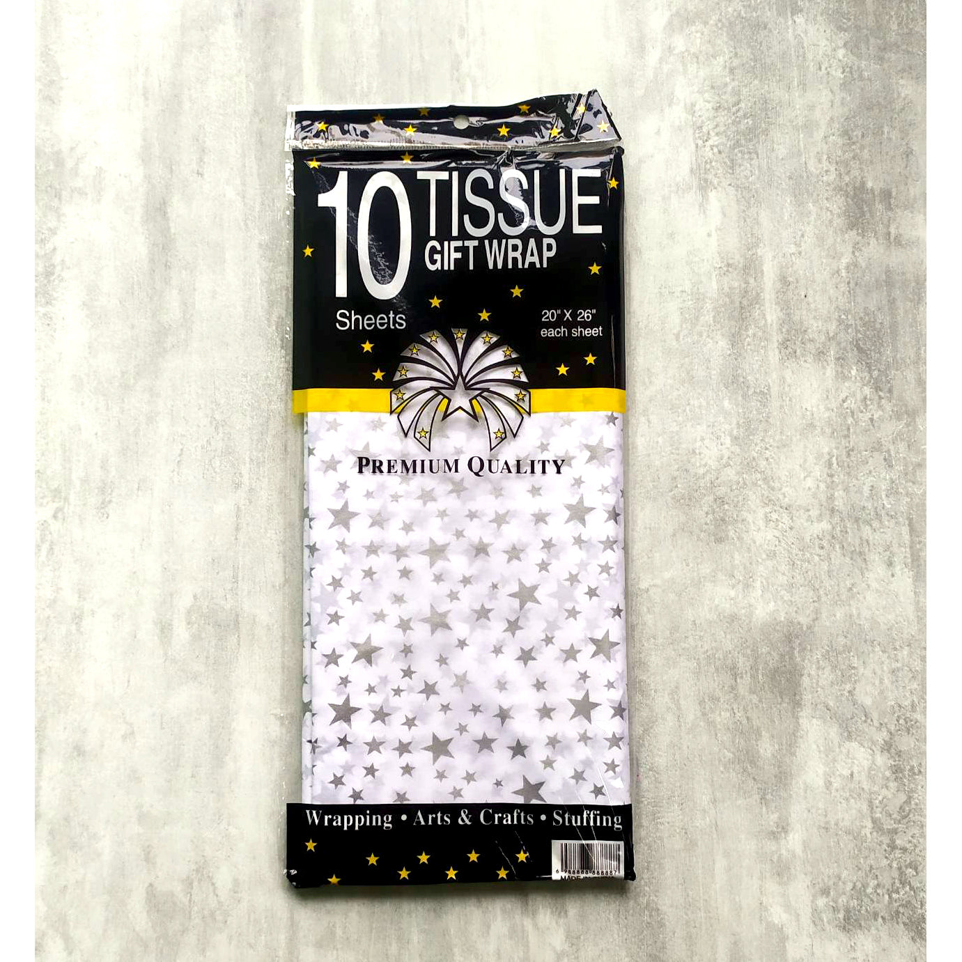 Bibuła dekoracyjna 50×65 cm (10 arkuszy) – biała w srebrne gwiazdki