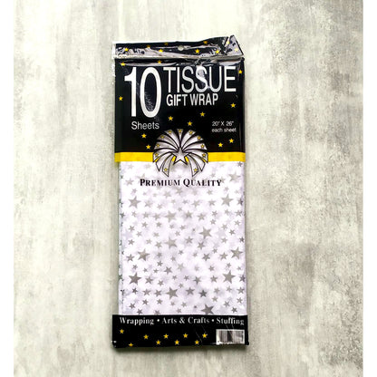 Bibuła dekoracyjna 50×65 cm (10 arkuszy) – biała w srebrne gwiazdki