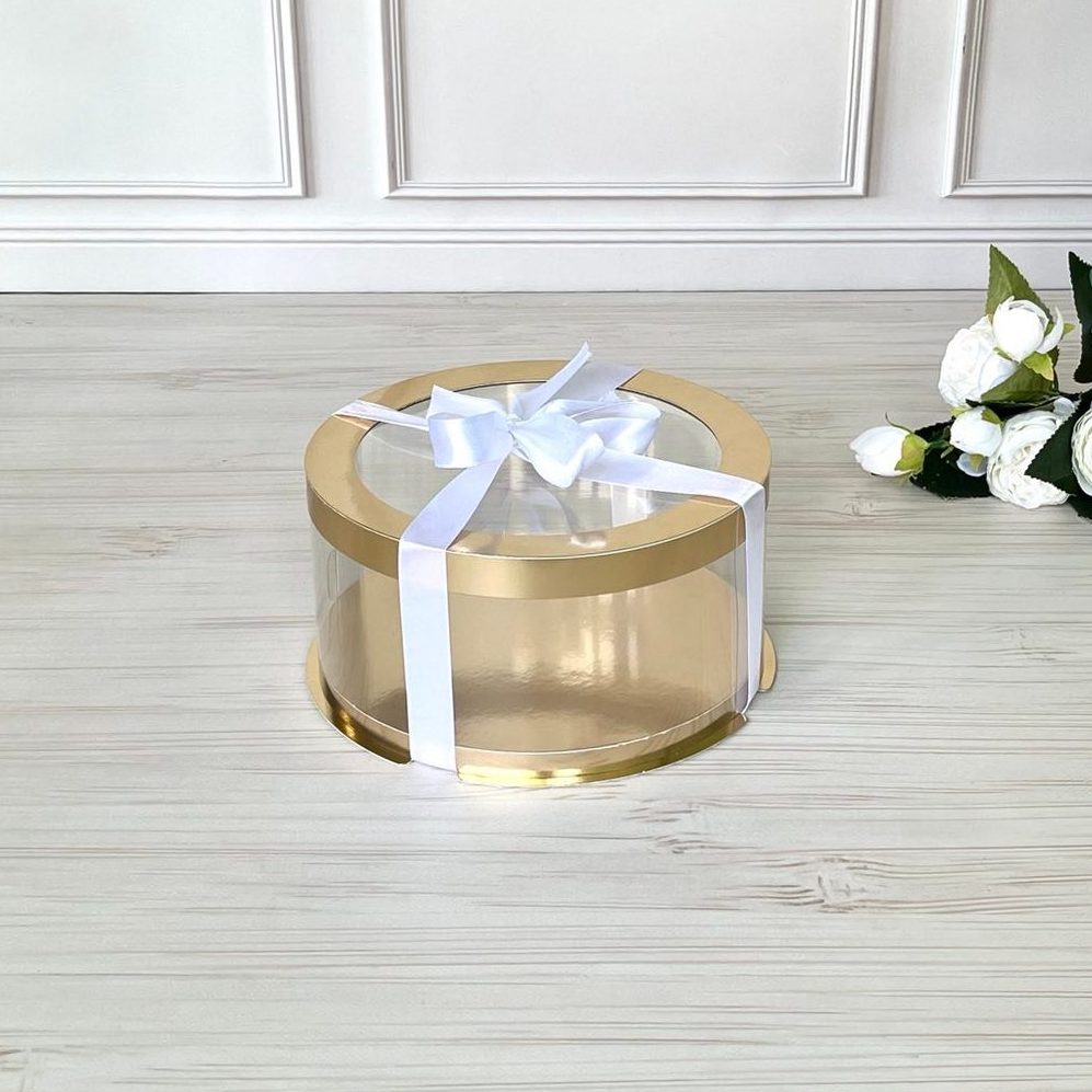 Przezroczyste okrągłe pudełko na tort 20x10 cm – Złoto, z okienkiem
