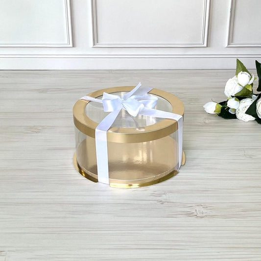 Przezroczyste okrągłe pudełko na tort 20x10 cm – Złoto, z okienkiem