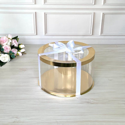 Przezroczyste okrągłe pudełko na tort 25x15 cm – Złoto, z okienkiem