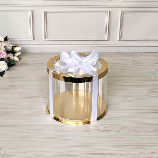 Przezroczyste okrągłe pudełko na tort 20x20 cm – Złoto, z okienkiem