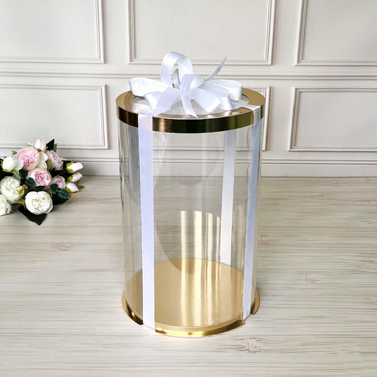 Przezroczyste okrągłe pudełko na tort 20x30 cm – Złoto, z okienkiem