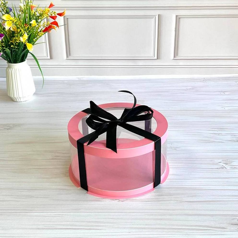 Przezroczyste okrągłe pudełko na tort 20x8 cm – Różowe, z okienkiem