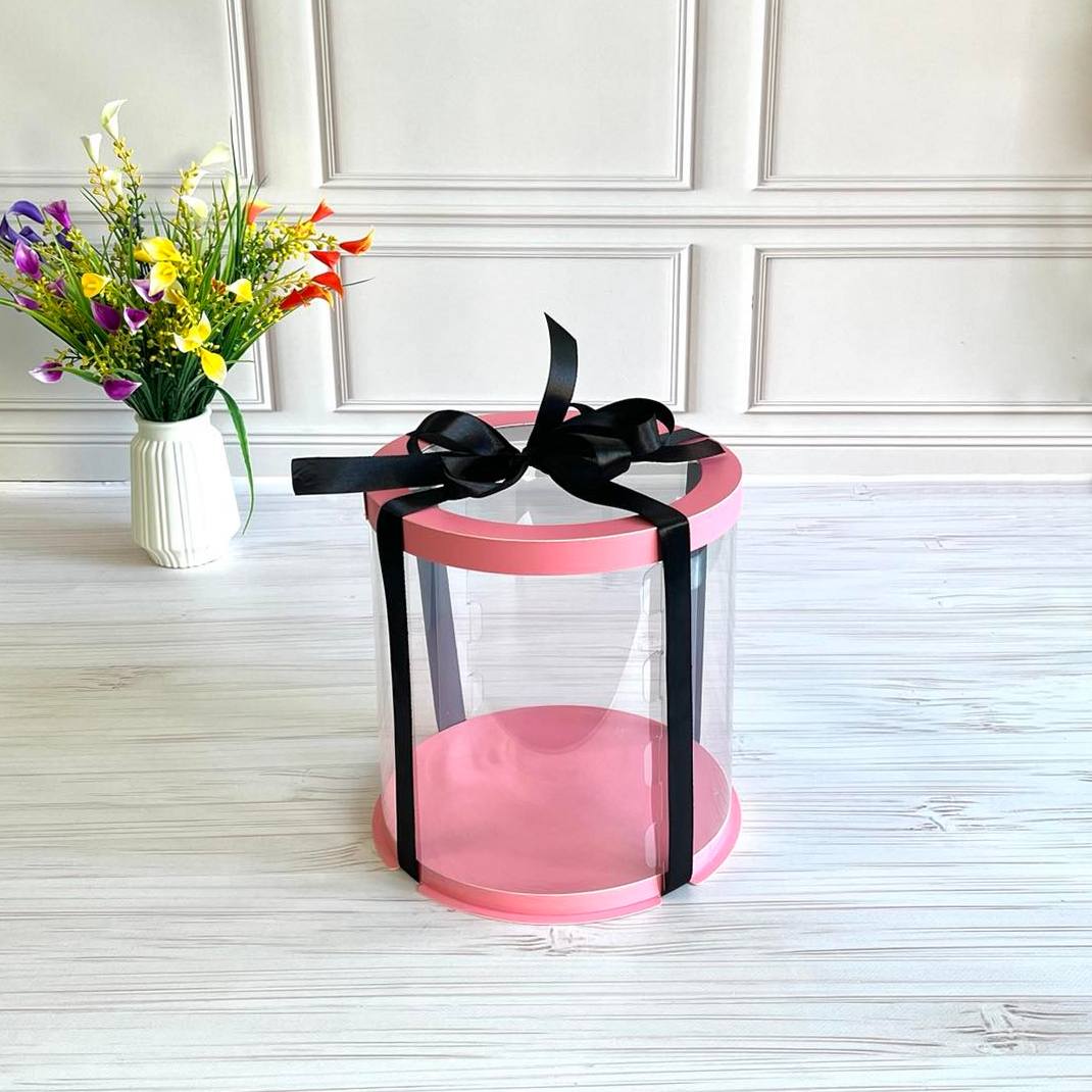 Przezroczyste okrągłe pudełko na tort 20x20 cm – Różowe, z okienkiem