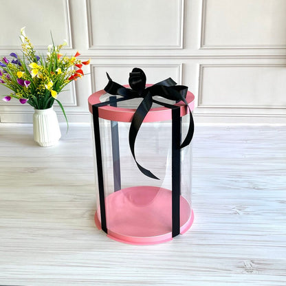 Przezroczyste okrągłe pudełko na tort 20x25 cm – Różowe, z okienkiem