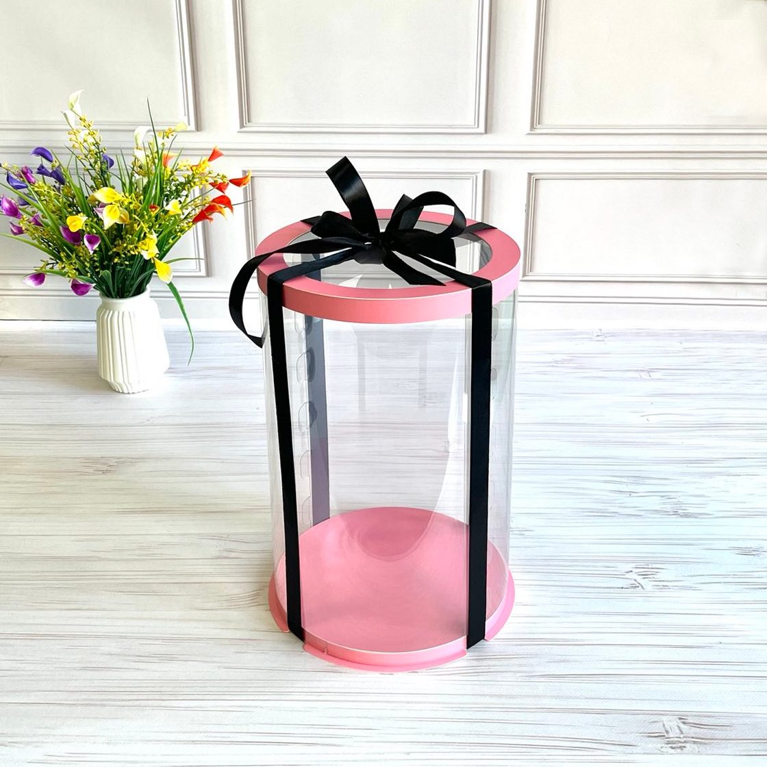 Przezroczyste okrągłe pudełko na tort 20x30 cm – Różowe, z okienkiem