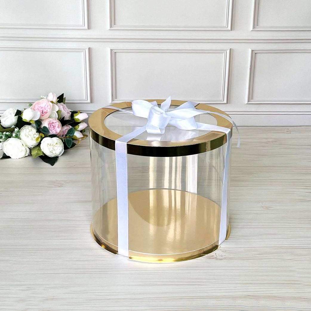 Przezroczyste okrągłe pudełko na tort 30x25 cm – Złoto, z okienkiem