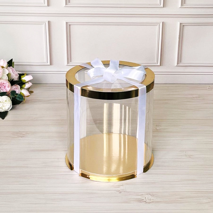 Przezroczyste okrągłe pudełko na tort 25x25 cm – Złoto, z okienkiem