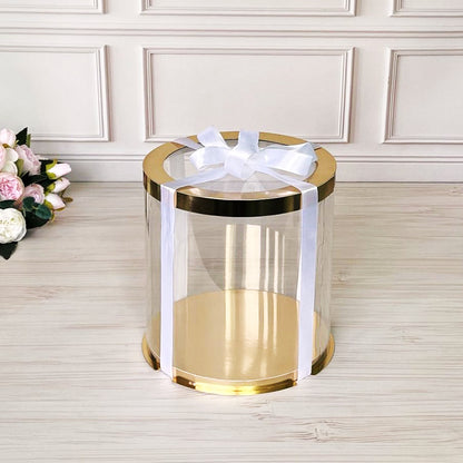 Przezroczyste okrągłe pudełko na tort 25x25 cm – Złoto, z okienkiem