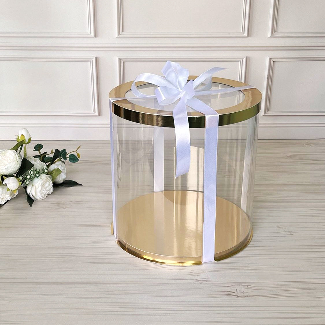 Przezroczyste okrągłe pudełko na tort 30x30 cm – Złoto