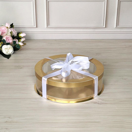 Przezroczyste okrągłe pudełko na tort 25x7 cm – Złoto, z okienkiem