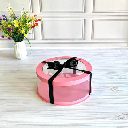 Przezroczyste okrągłe pudełko na tort 25x7 cm – Różowe, z okienkiem