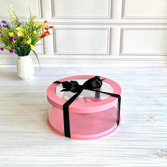 Przezroczyste okrągłe pudełko na tort 25x10 cm – Różowe, z okienkiem