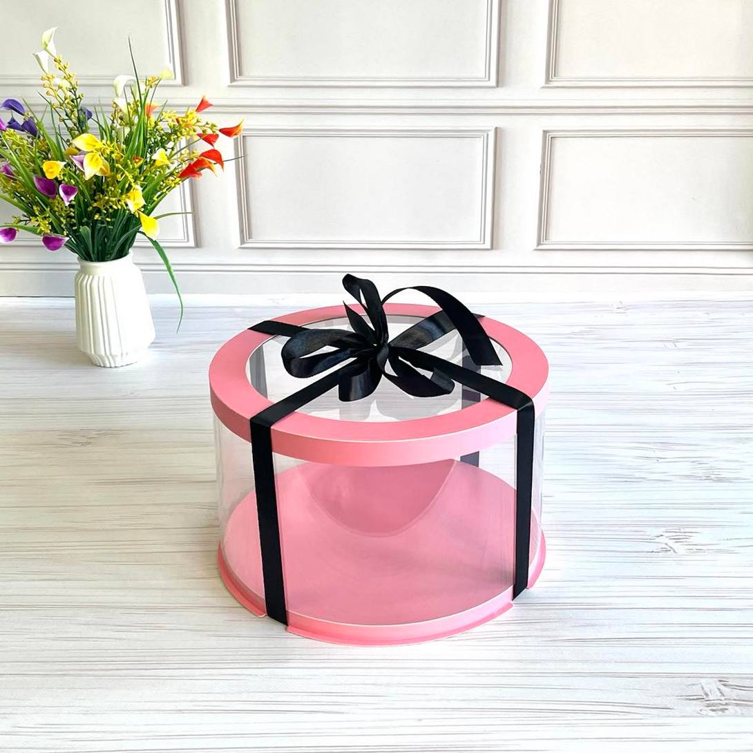 Przezroczyste okrągłe pudełko na tort 20x15 cm – Różowe, z okienkiem