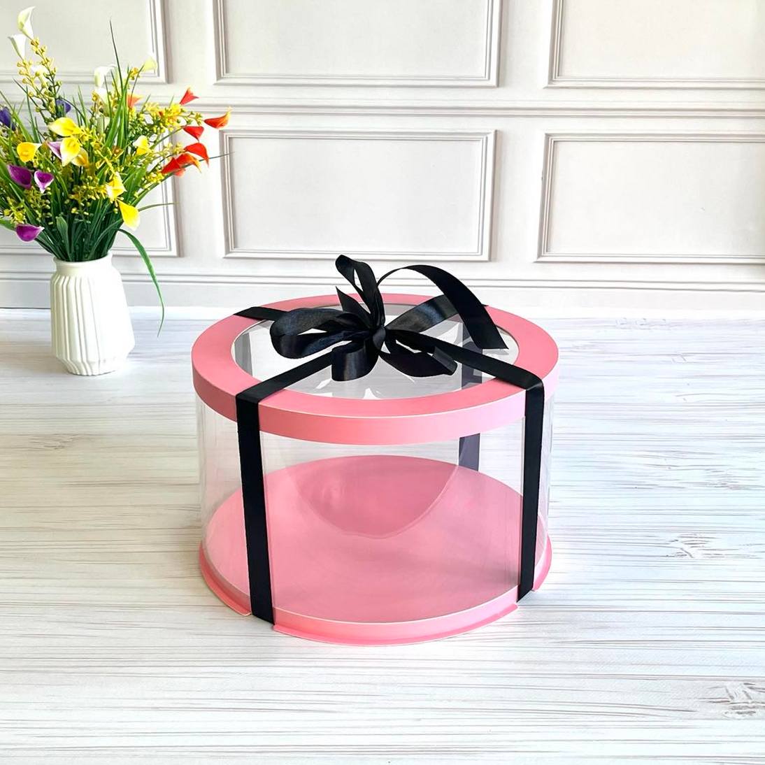 Przezroczyste okrągłe pudełko na tort 25x15 cm – Różowe, z okienkiem