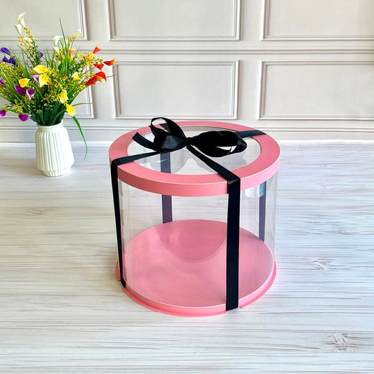 Przezroczyste okrągłe pudełko na tort 25x20 cm – Różowe, z okienkiem