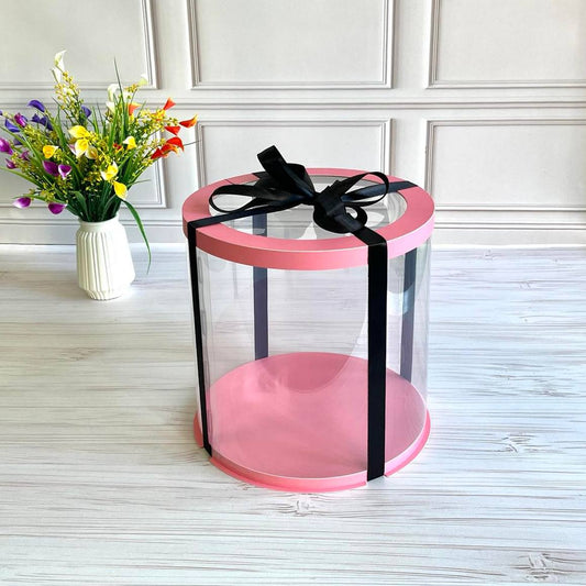 Przezroczyste okrągłe pudełko na tort 25x25 cm – Różowe, z okienkiem