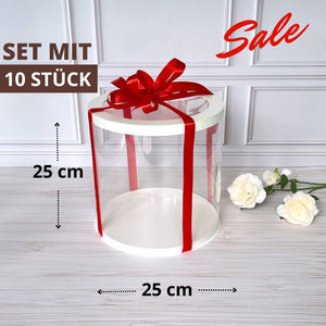 ZESTAW 10 sztuk!  Przezroczyste okrągłe pudełko na tort 25x25 cm – Białe, z okienkiem