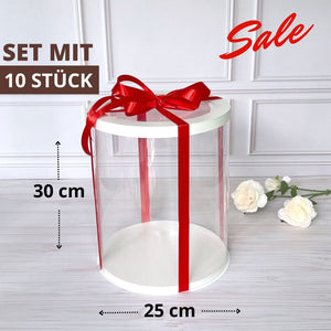 ZESTAW 10 sztuk!  Przezroczyste okrągłe pudełko na tort 25x30 cm – Białe, z okienkiem