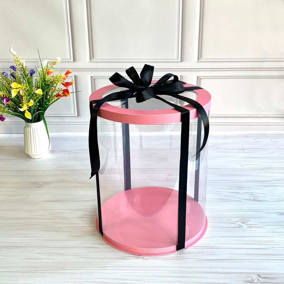 Przezroczyste okrągłe pudełko na tort 25x30 cm – Różowe, z okienkiem