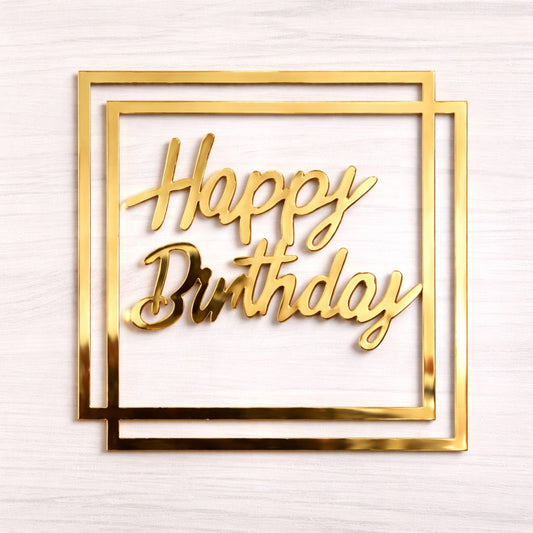Topper na tort „Happy Birthday” – kwadratowy, złoty (Dekor 25)