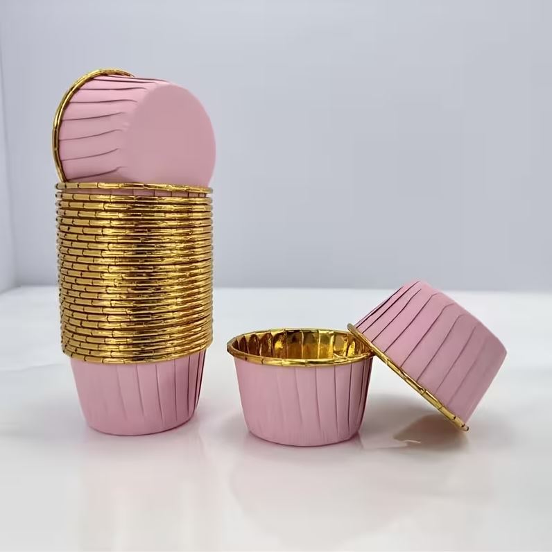Papilotki do muffin / babeczek – 25 sztuk – Różowe/złote