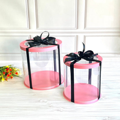 Przezroczyste okrągłe pudełko na tort 20x8 cm – Różowe, z okienkiem