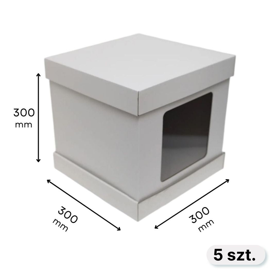 Pudełko na tort karton BIAŁE z okienkiem i pokrywką 30×30×30 cm – 5 szt.