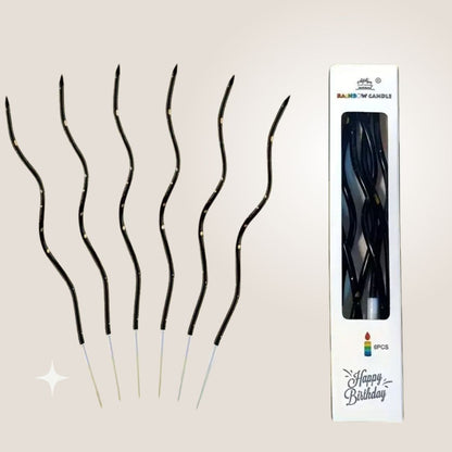 Zakręcone świeczki urodzinowe, Czerń ze złotem, 11 cm - 6 szt.