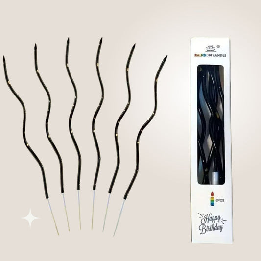 Zakręcone świeczki urodzinowe, Czerń ze złotem, 11 cm - 6 szt.