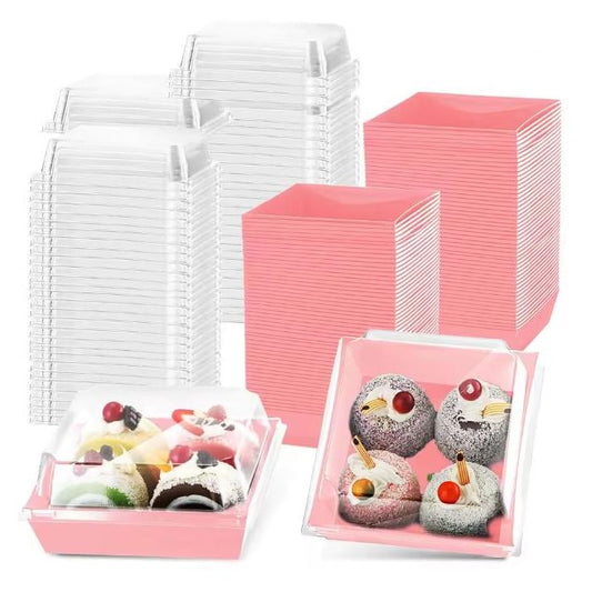 Pudełko na desery z przezroczystą kopułką, 12×11×6,5 cm, różowe, laminowany karton, 10 szt.
