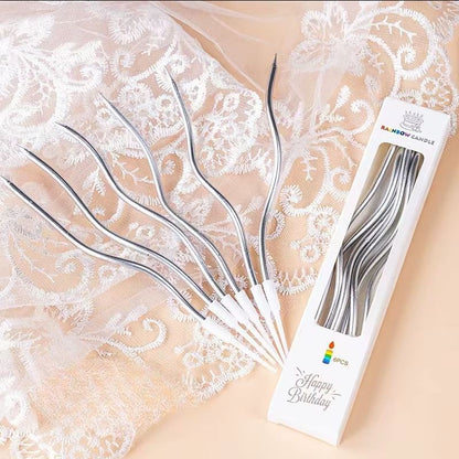 Zakręcone świeczki urodzinowe, srebrne, 11 cm – 6 szt.