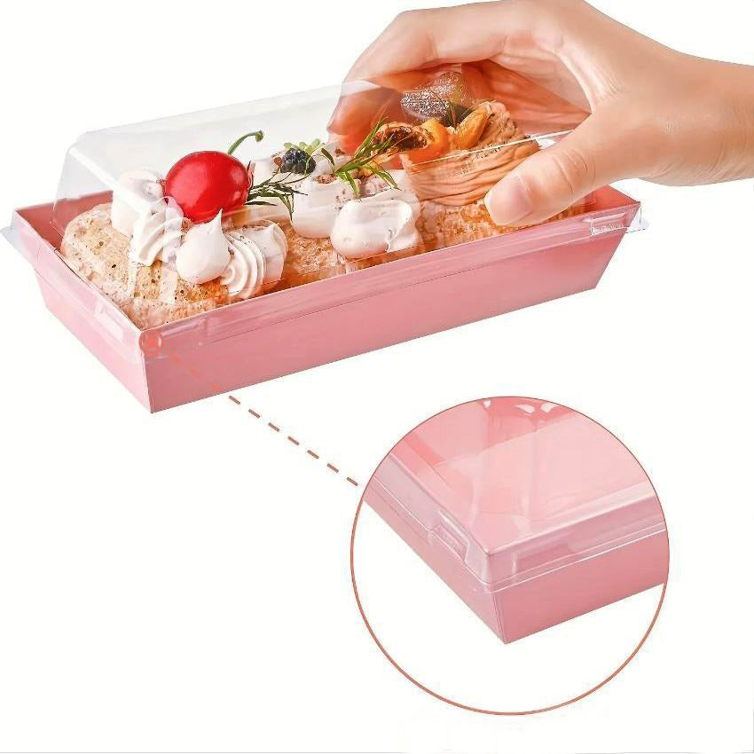 Pudełko na desery z przezroczystą kopułką, 17×7×6,5 cm, różowe, laminowany karton, 10 szt.