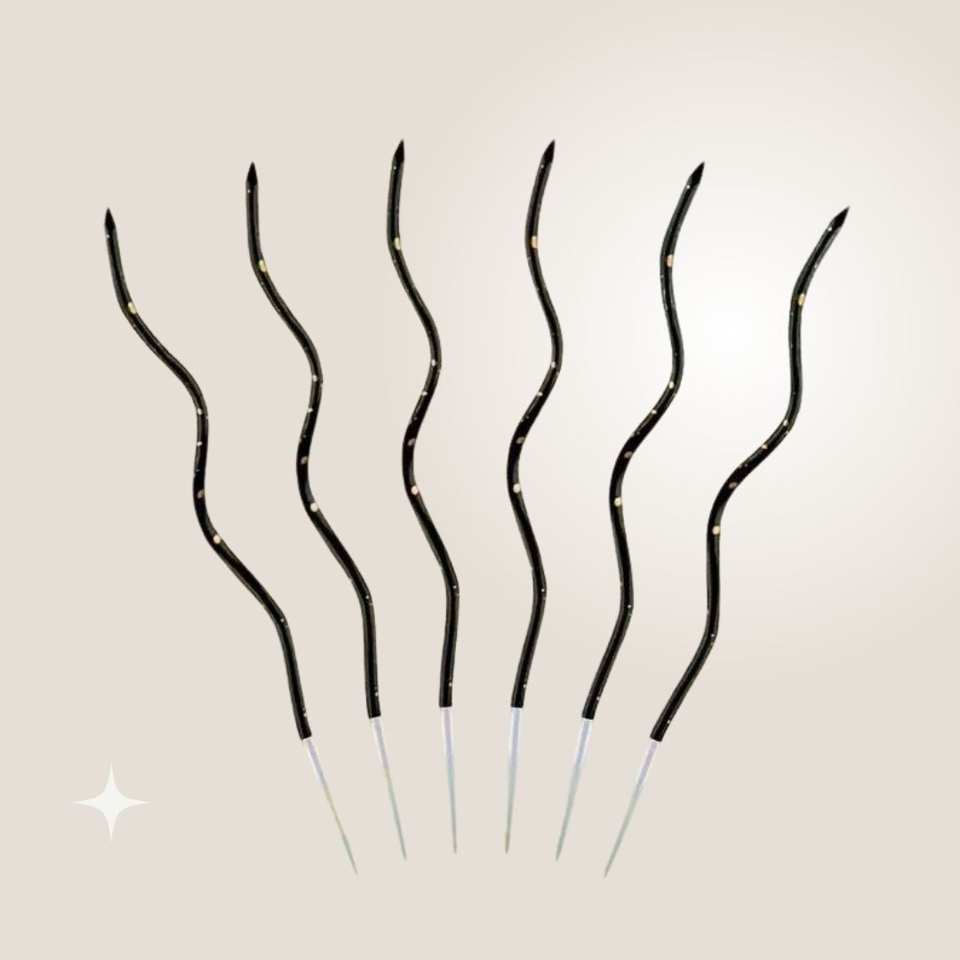 Zakręcone świeczki urodzinowe, Czerń ze złotem, 11 cm - 6 szt.