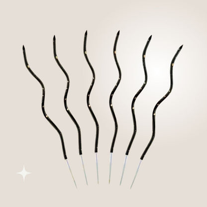 Zakręcone świeczki urodzinowe, Czerń ze złotem, 11 cm - 6 szt.