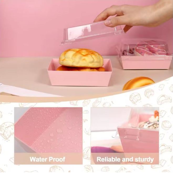 Pudełko na desery z przezroczystą kopułką, 12×11×6,5 cm, różowe, laminowany karton, 10 szt.