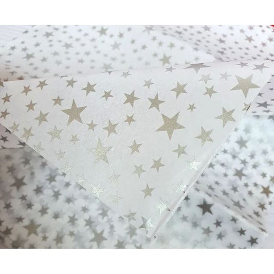 Bibuła dekoracyjna 50×65 cm (10 arkuszy) – biała w srebrne gwiazdki